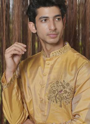 Gold plain silk kurta & dhoti with stole 4