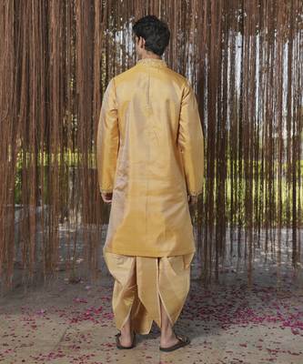 Gold plain silk kurta & dhoti with stole 5