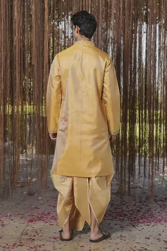 Gold plain silk kurta & dhoti with stole