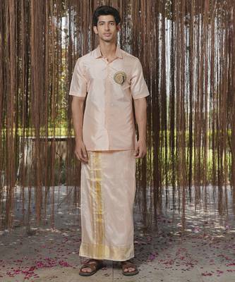 Pink plain silk kurta & dhoti with stole 1