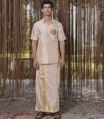 Pink plain silk kurta & dhoti with stole