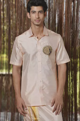 Pink plain silk kurta & dhoti with stole