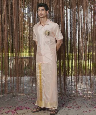 Pink plain silk kurta & dhoti with stole 3