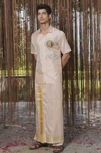 Pink plain silk kurta & dhoti with stole