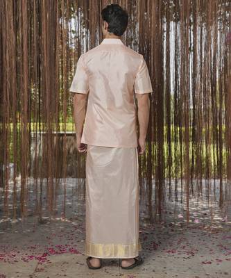 Pink plain silk kurta & dhoti with stole 4
