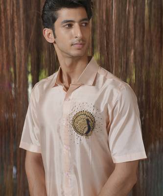 Pink plain silk kurta & dhoti with stole 5