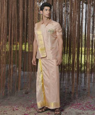 Pink plain silk kurta & dhoti with stole 1