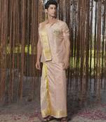 Pink plain silk kurta & dhoti with stole