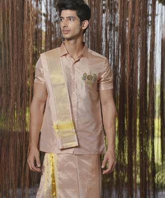 Pink plain silk kurta & dhoti with stole 2