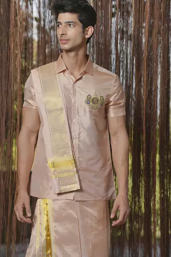 Pink plain silk kurta & dhoti with stole