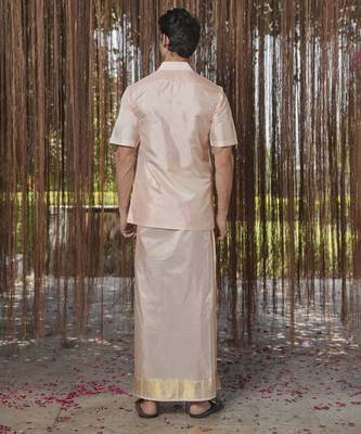 Pink plain silk kurta & dhoti with stole 3