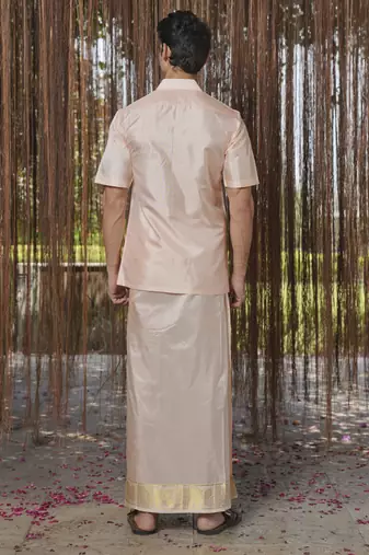 Pink plain silk kurta & dhoti with stole