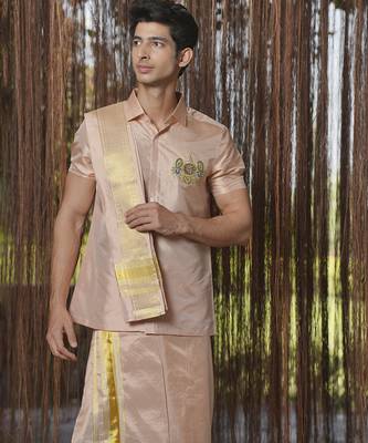 Pink plain silk kurta & dhoti with stole 5
