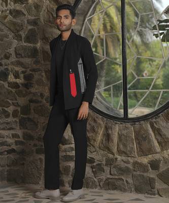 Red plain silk jacket & pant set 1