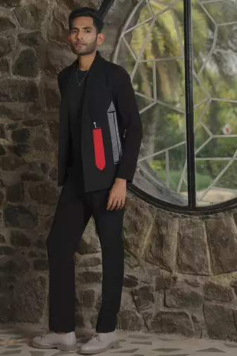 Red plain silk jacket & pant set