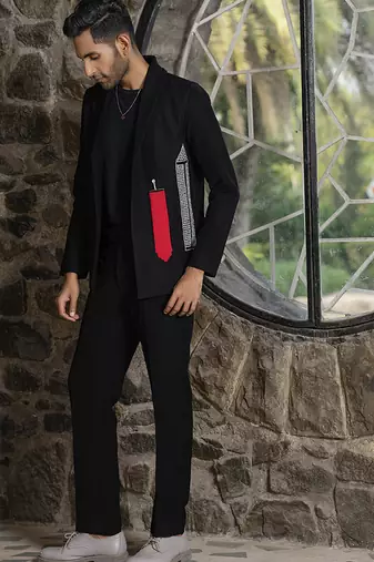 Red plain silk jacket & pant set