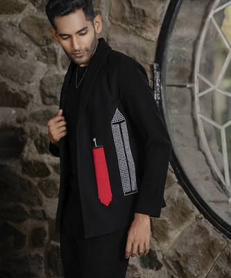 Red plain silk jacket & pant set 4