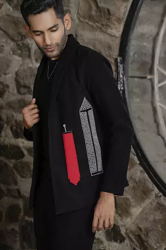 Red plain silk jacket & pant set