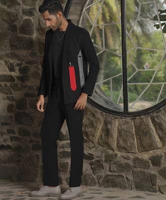 Red plain silk jacket & pant set 5
