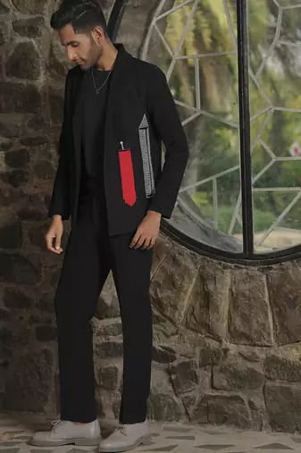 Red plain silk jacket & pant set