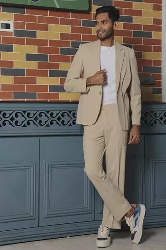 Beige plain lycra jacket & pant set