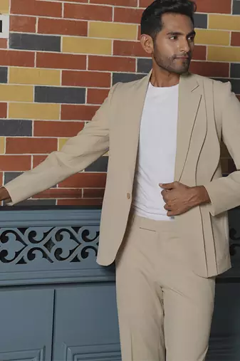 Beige plain lycra jacket & pant set