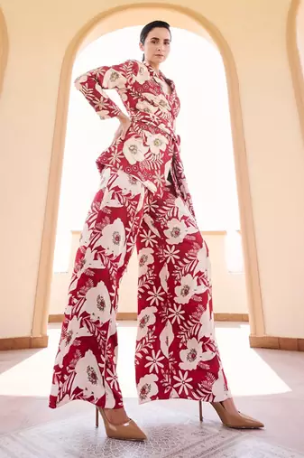Multicolor Floral Printed Satin Jacket With Pant