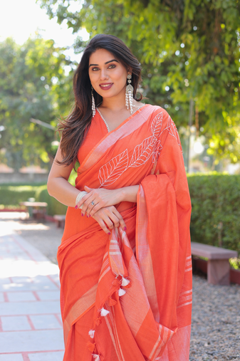 Kumkum orange cotton embroidery saree with blouse