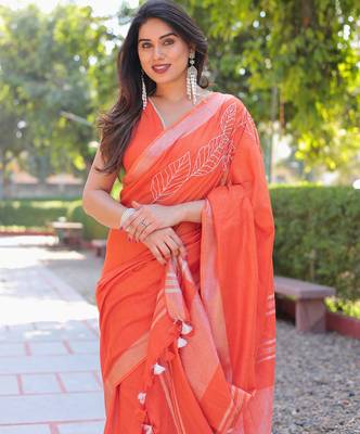 Kumkum orange cotton embroidery saree with blouse 1