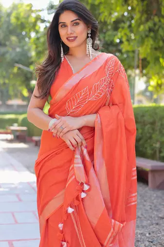 Kumkum orange cotton embroidery saree with blouse