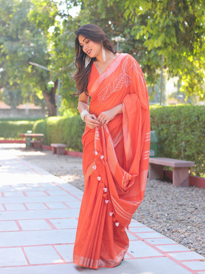Kumkum orange cotton embroidery saree with blouse 2