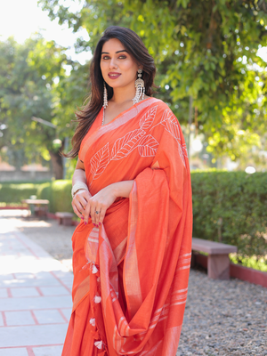 Kumkum orange cotton embroidery saree with blouse 3