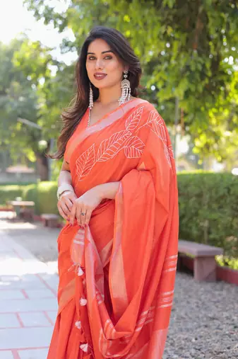 Kumkum orange cotton embroidery saree with blouse
