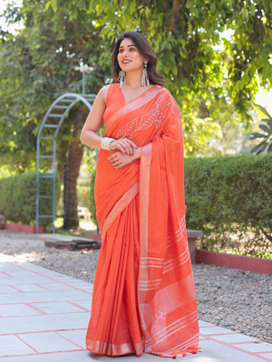 Kumkum orange cotton embroidery saree with blouse 4