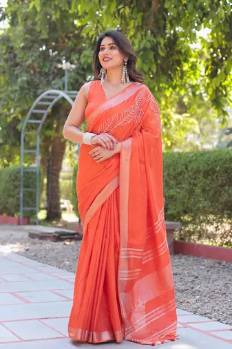 Kumkum orange cotton embroidery saree with blouse