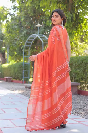 Kumkum orange cotton embroidery saree with blouse