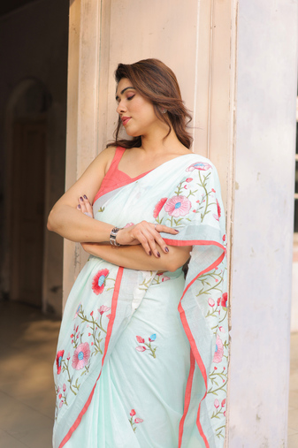 Avika pastel green cotton embroidery saree with blouse