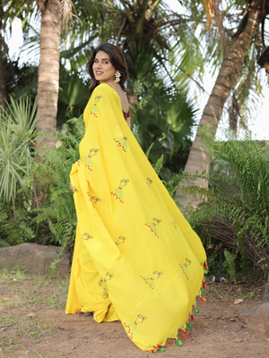 yellow cotton doll embroidery saree with blouse 2