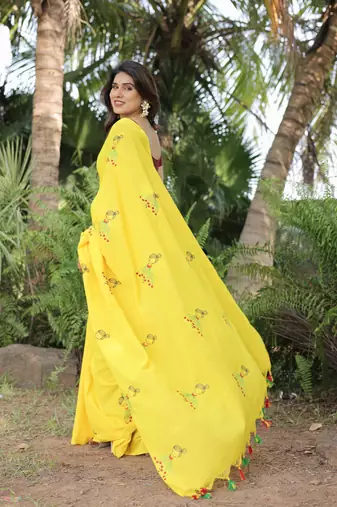 yellow cotton doll embroidery saree with blouse