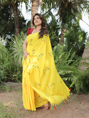 yellow cotton doll embroidery saree with blouse 1