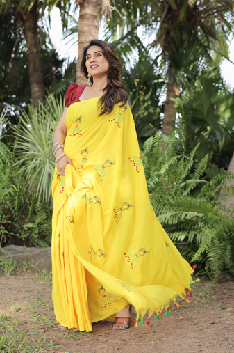yellow cotton doll embroidery saree with blouse