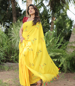 yellow cotton doll embroidery saree with blouse