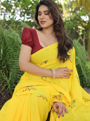 yellow cotton doll embroidery saree with blouse 3