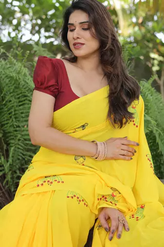 yellow cotton doll embroidery saree with blouse