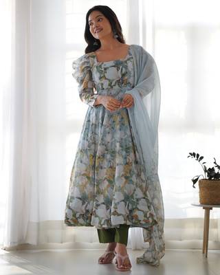 Floral Printed Organza Silk Fabric Fully Flair Anarkali Kurti With Pant And Dupatta 1