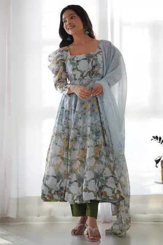 Floral Printed Organza Silk Fabric Fully Flair Anarkali Kurti With Pant And Dupatta