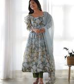 Floral Printed Organza Silk Fabric Fully Flair Anarkali Kurti With Pant And Dupatta