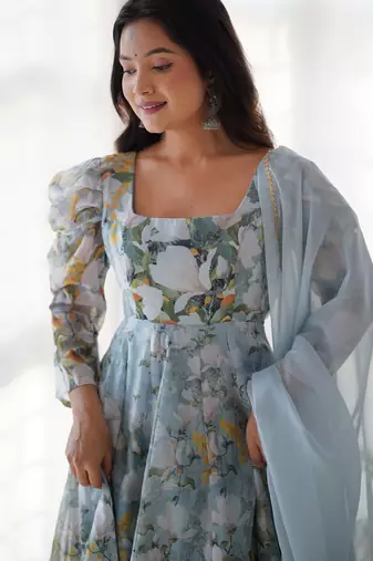 Floral Printed Organza Silk Fabric Fully Flair Anarkali Kurti With Pant And Dupatta