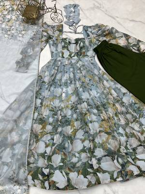 Floral Printed Organza Silk Fabric Fully Flair Anarkali Kurti With Pant And Dupatta 6