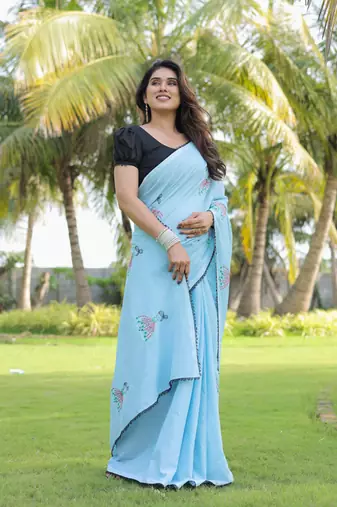 Gulmohar red handloon kantha work saree with blouse